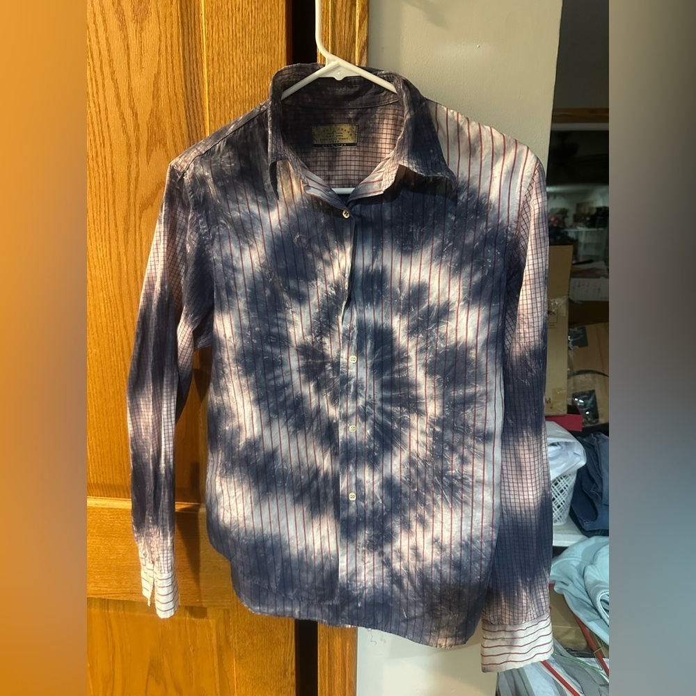 Miguel Ibars Tie Dye Button Down Shirt Men’s Navy Blue Plaid Reworked Grunge Y2K